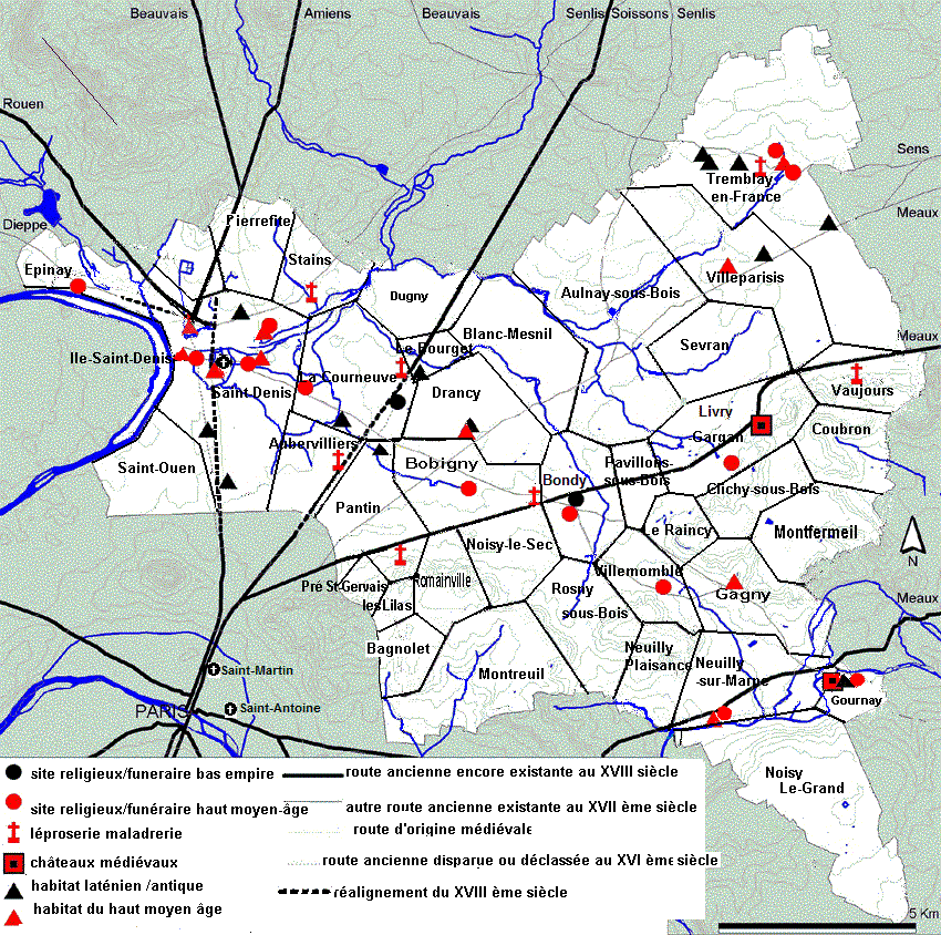 carte de Seine-Saint-Denis avec les axes de circulation médiévaux.
