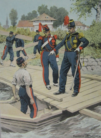 Officier, sous-officiers et pontonnier au travail vers 1860.