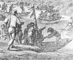 Les pontonniers pendant le passage du Rhin le 24 juin 1796. Extrau du dessin d'après nature par Jean Baptiste Stuntz (1753-1836) gravé par Benjamin Stix ( 1772-1811)